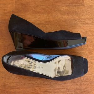 Marc Fisher peep, toe wedges, black suede leather!